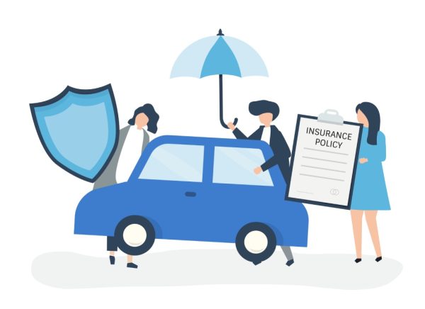 A group of people holding an umbrella and a car