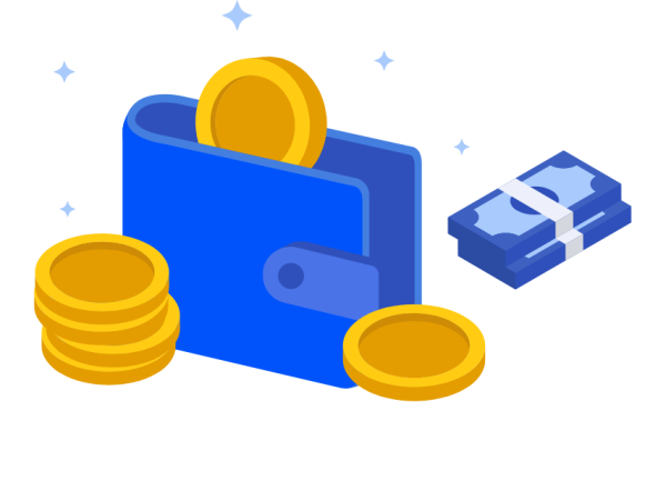 a blue wallet with gold coins and stacks of money